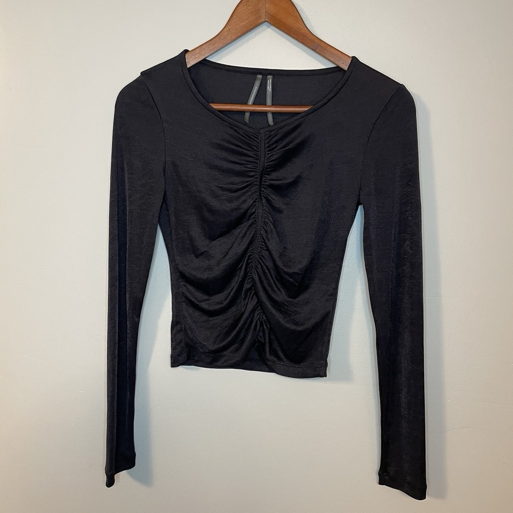 Anthropologie Black Ruched Blouse Women's XS Long‎ Sleeve Stretch Party